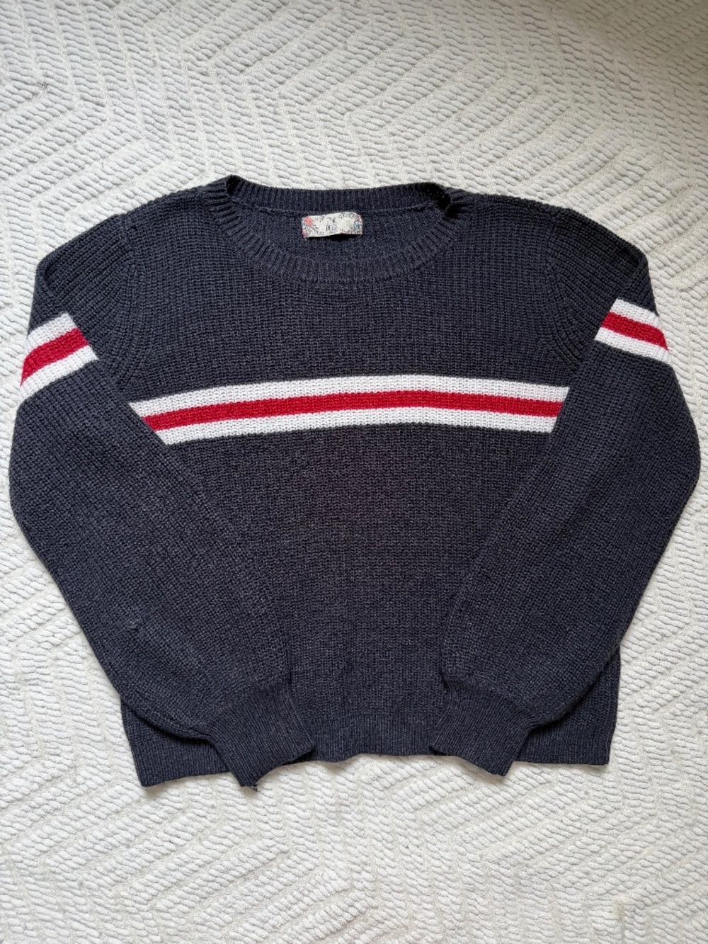 Pink Rose Women's Navy Striped Sweater Scoop Neckline. Size Large